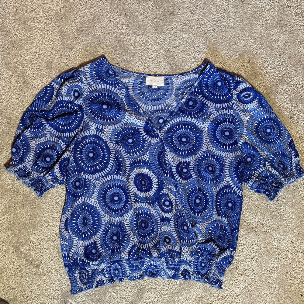 MELLODAY Blue Patterned V-Neck Short Sleeve Blouse
